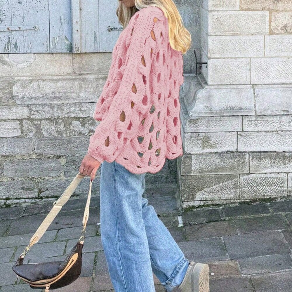 Pink Casual Women's Skeleton Weave Long Sleeve Cowl Sweater Pullover - Picture 10 of 11
